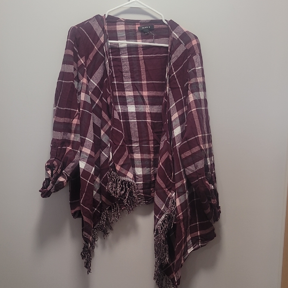Torrid Burgundy and Pink Plaid Cardigan